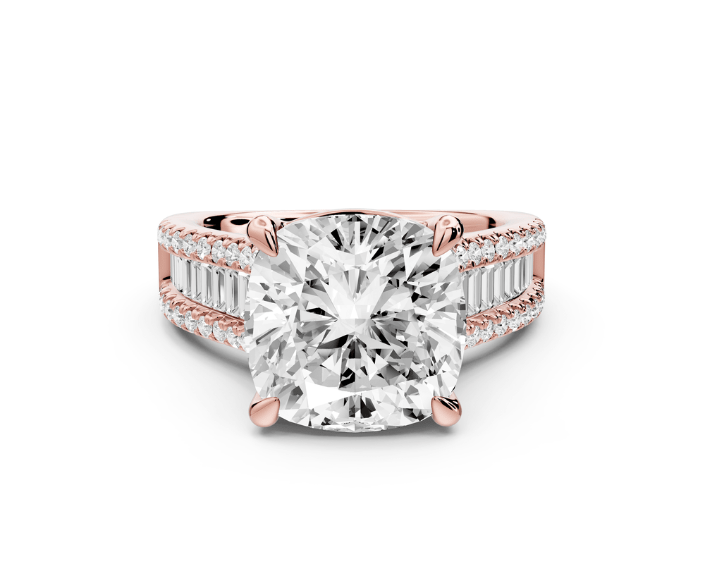 Estelle - 5ct 14k rose gold cushion diamond with emerald and round cut accent stones half band cathedral engagement ring - Mr. Alex Jewelry