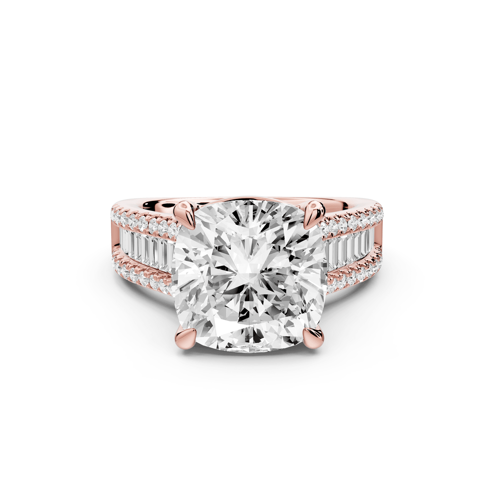 Estelle - 5ct 14k rose gold cushion diamond with emerald and round cut accent stones half band cathedral engagement ring - Mr. Alex Jewelry