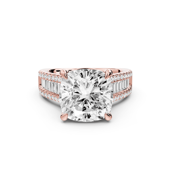 Estelle - 5ct 14k rose gold cushion diamond with emerald and round cut accent stones half band cathedral engagement ring - Mr. Alex Jewelry