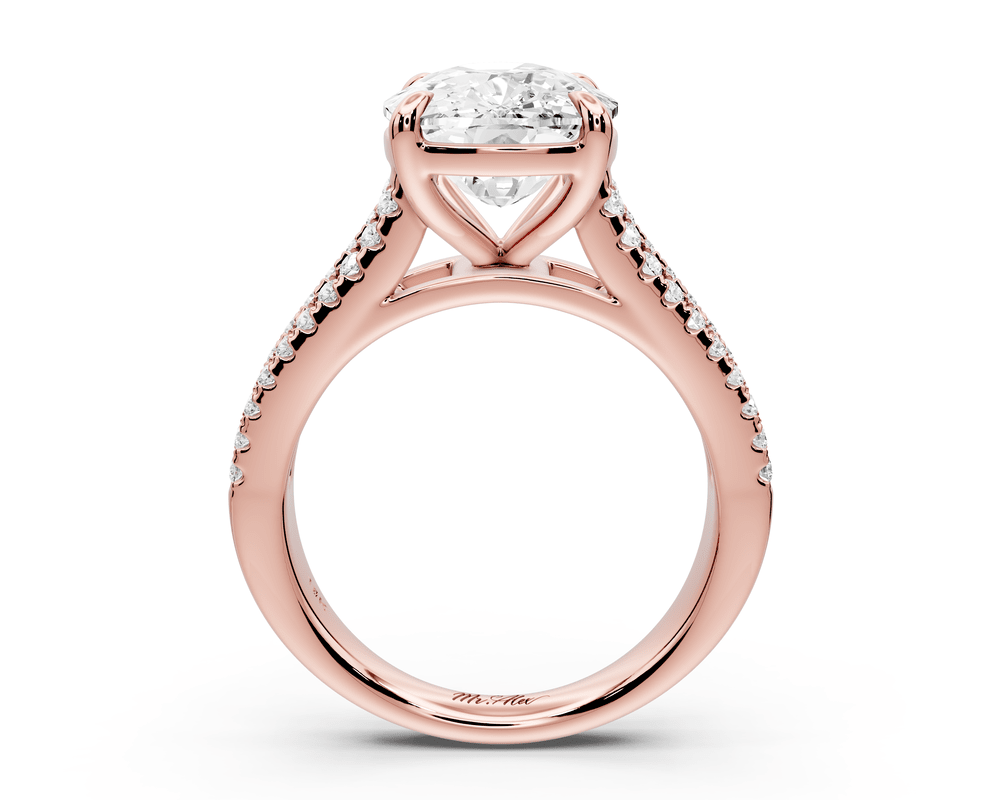 Estelle - 5ct 14k rose gold ecushion diamond with emerald and round cut accent stones half band cathedral engagement ring - Mr. Alex Jewelry