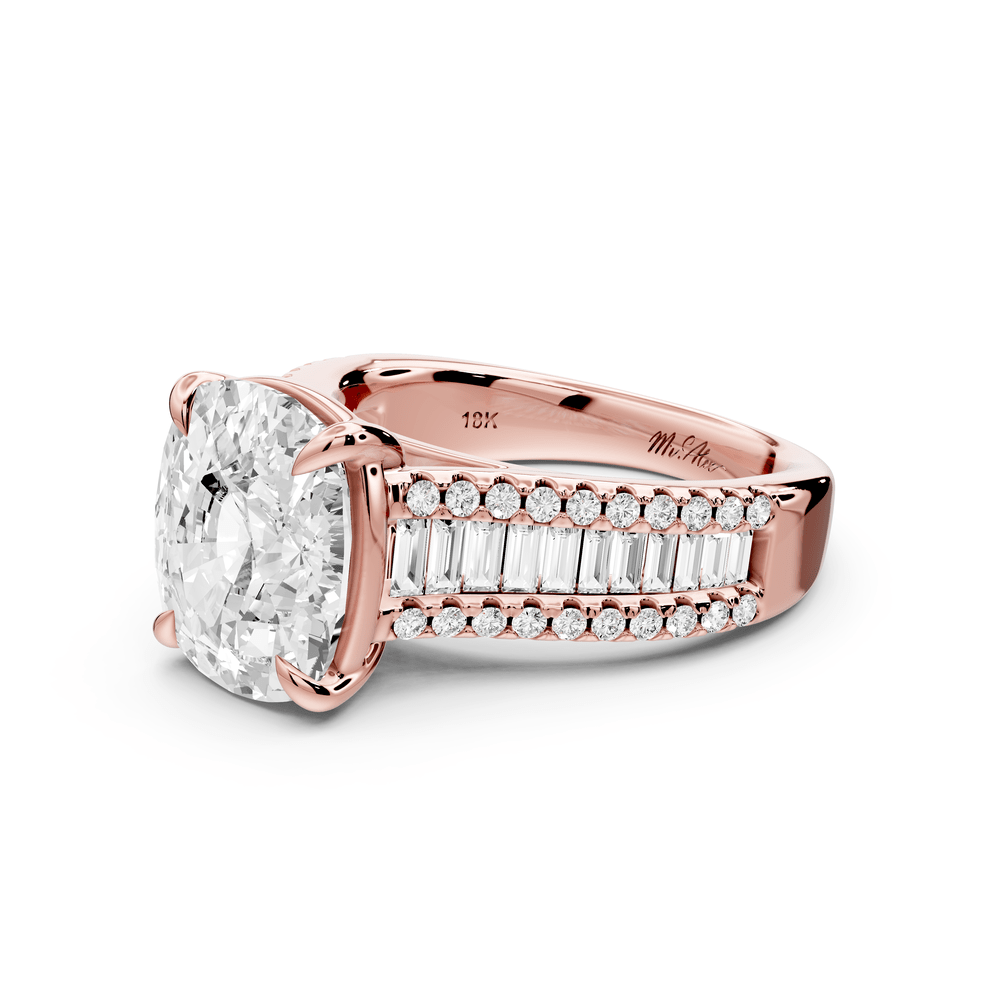 Estelle - 5ct 14k rose gold ecushion diamond with emerald and round cut accent stones half band cathedral engagement ring - Mr. Alex Jewelry