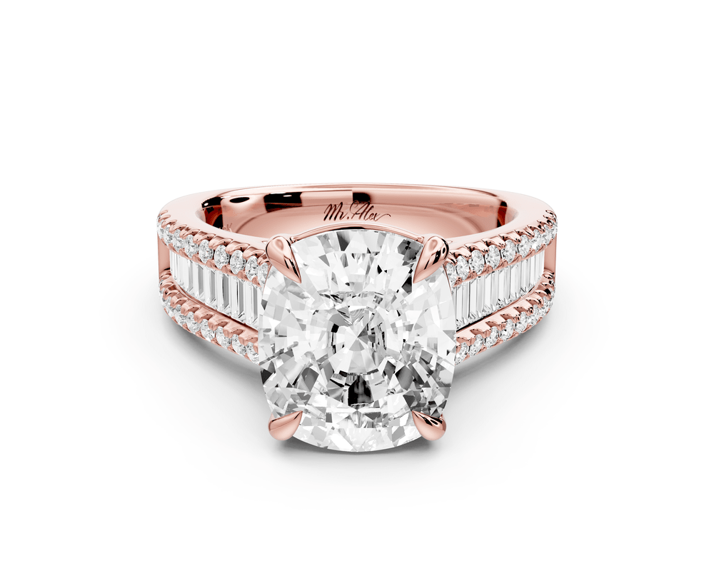 Estelle - 5ct 14k rose gold ecushion diamond with emerald and round cut accent stones half band cathedral engagement ring - Mr. Alex Jewelry
