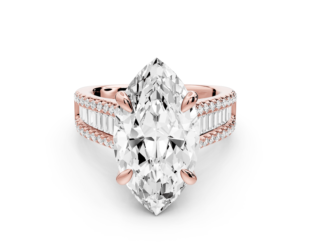 Estelle - 5ct 14k rose gold marquise diamond with emerald and round cut accent stones half band cathedral engagement ring - Mr. Alex Jewelry