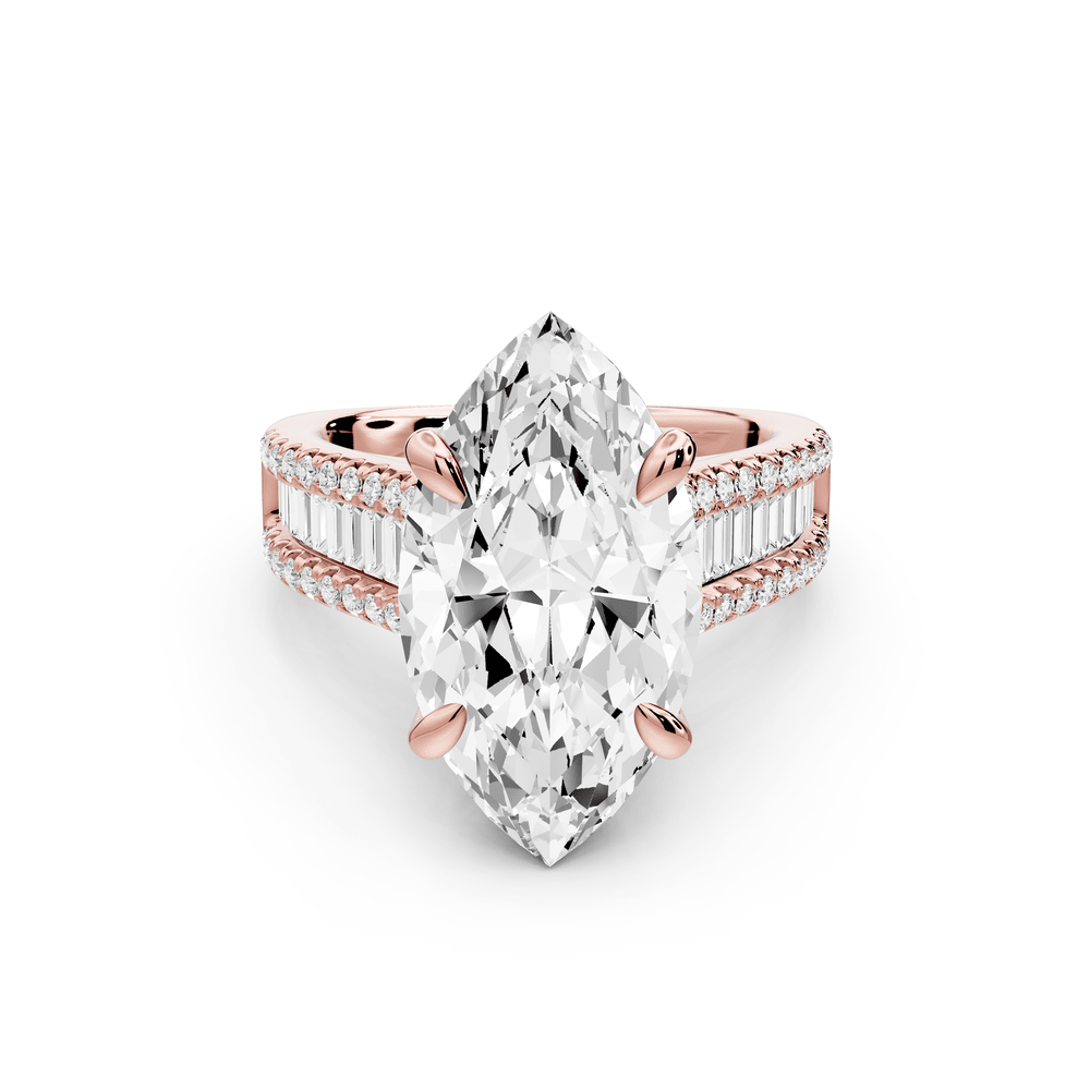 Estelle - 5ct 14k rose gold marquise diamond with emerald and round cut accent stones half band cathedral engagement ring - Mr. Alex Jewelry