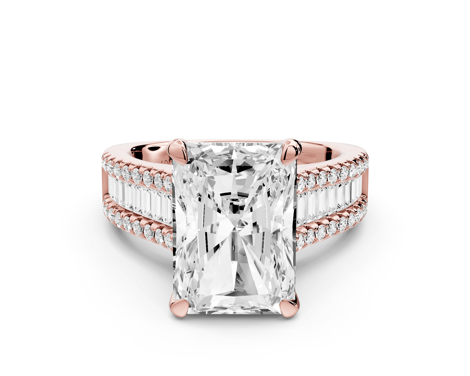 Estelle - 5ct 14k rose gold radiant diamond with emerald and round cut accent stones half band cathedral engagement ring - Mr. Alex Jewelry