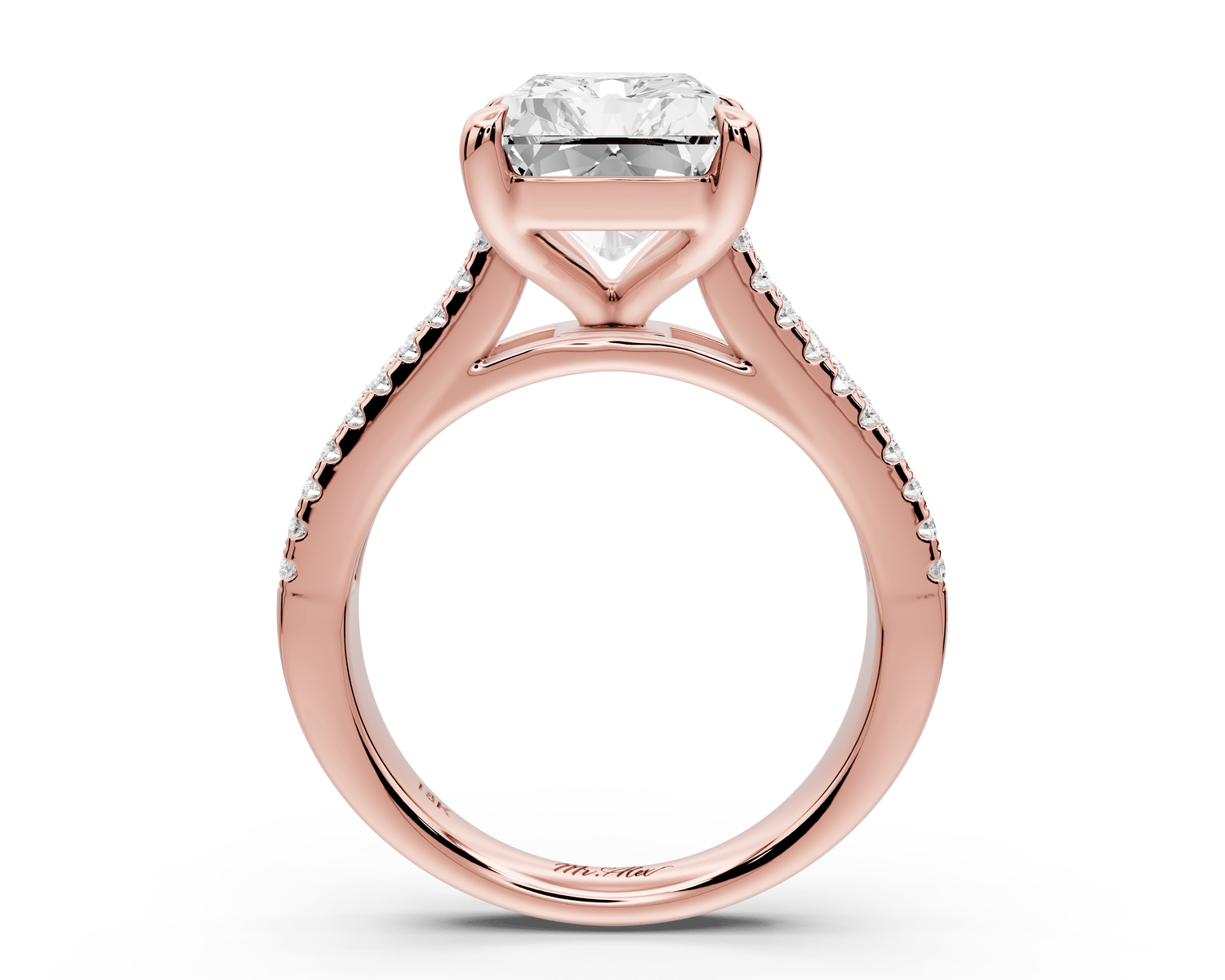 Estelle - 5ct 14k rose gold radiant diamond with emerald and round cut accent stones half band cathedral engagement ring - Mr. Alex Jewelry
