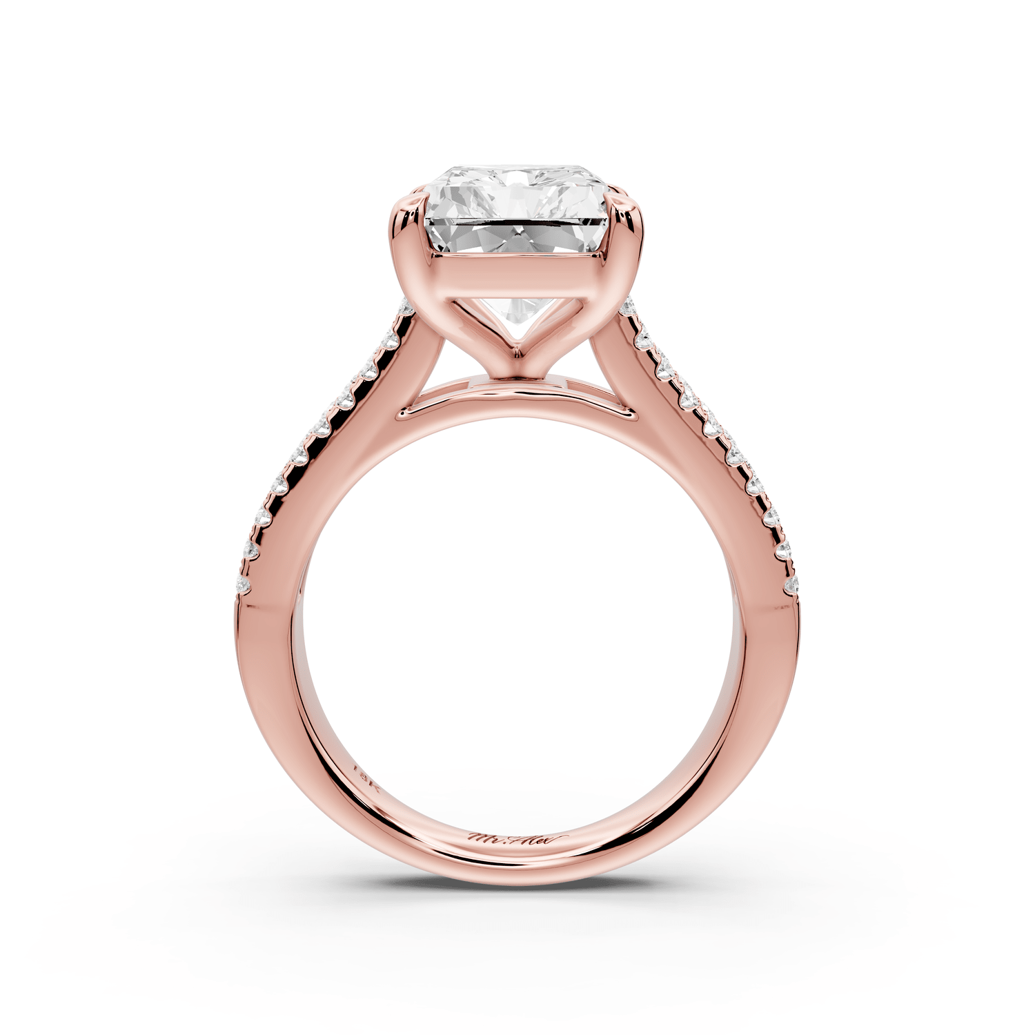 Estelle - 5ct 14k rose gold radiant diamond with emerald and round cut accent stones half band cathedral engagement ring - Mr. Alex Jewelry