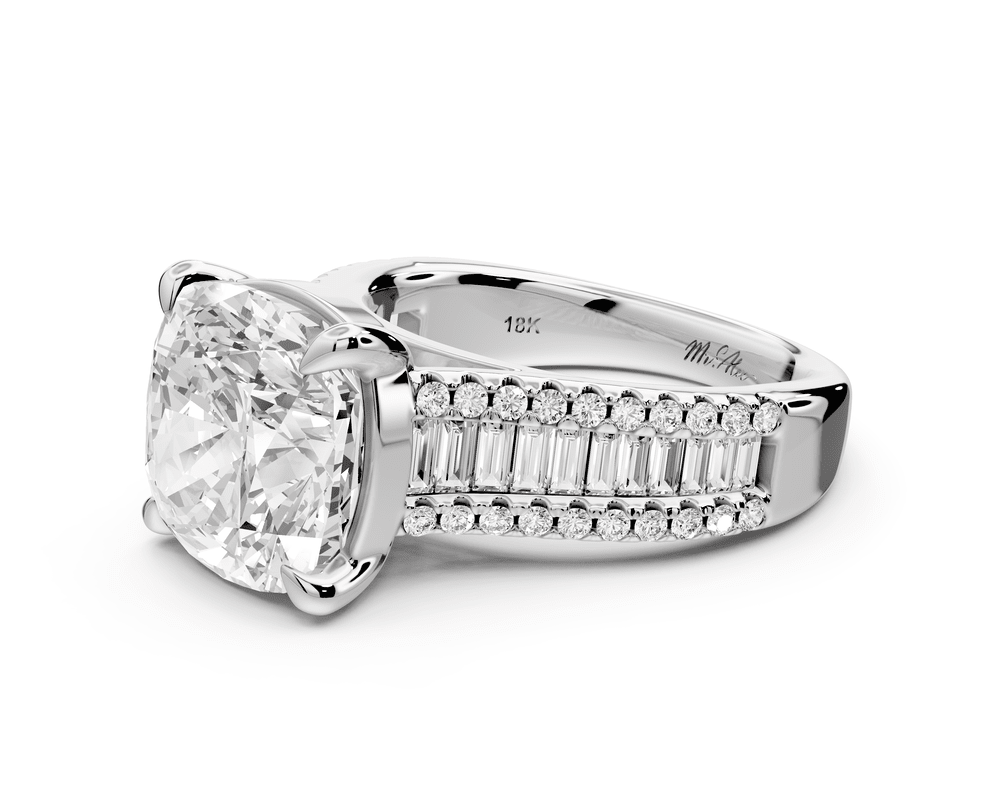 Estelle - 5ct 14k white gold cushion diamond with emerald and round cut accent stones half band cathedral engagement ring - Mr. Alex Jewelry