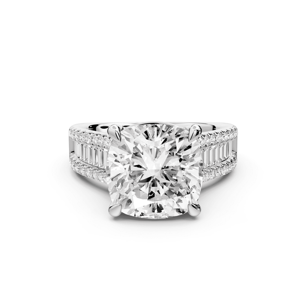 Estelle - 5ct 14k white gold cushion diamond with emerald and round cut accent stones half band cathedral engagement ring - Mr. Alex Jewelry