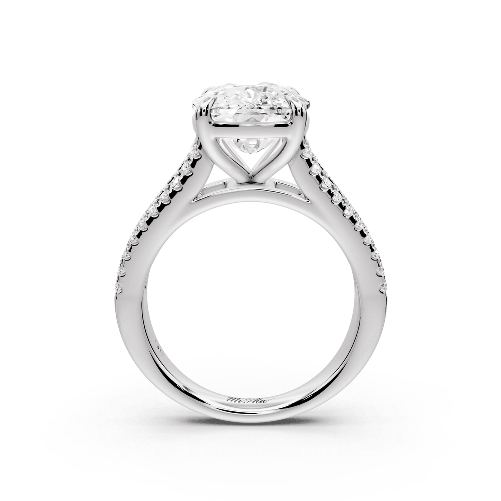 Estelle - 5ct 14k white gold ecushion diamond with emerald and round cut accent stones half band cathedral engagement ring - Mr. Alex Jewelry