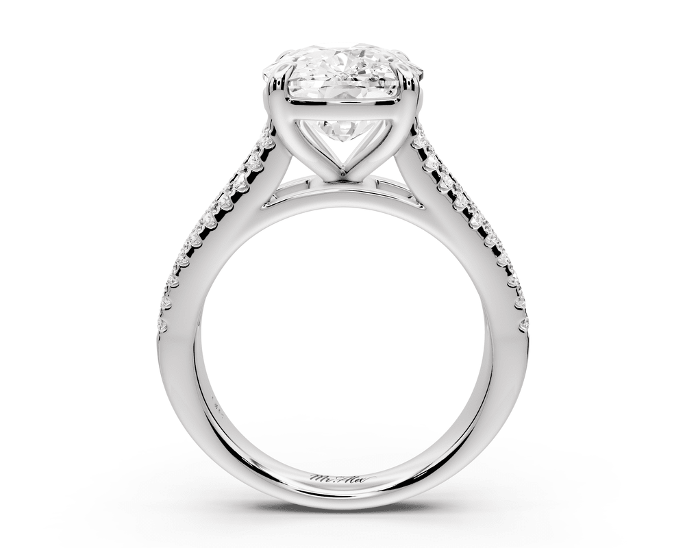 Estelle - 5ct 14k white gold ecushion diamond with emerald and round cut accent stones half band cathedral engagement ring - Mr. Alex Jewelry