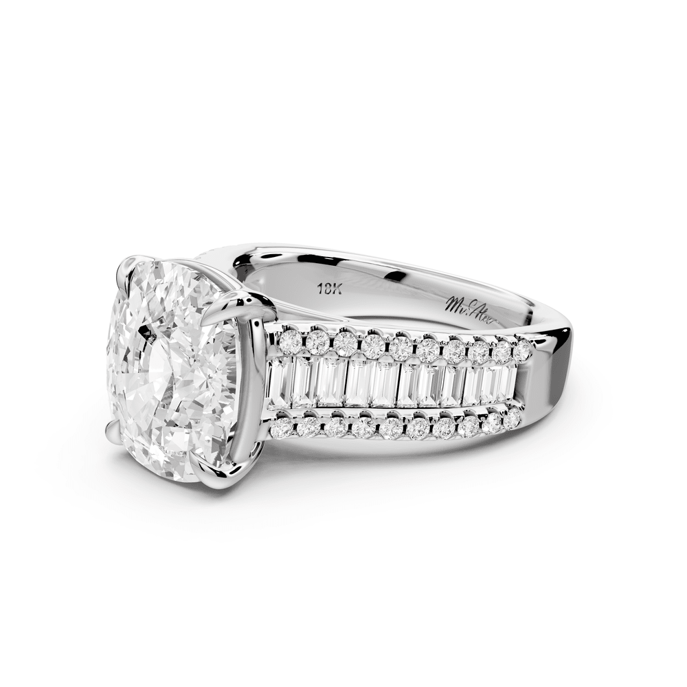 Estelle - 5ct 14k white gold ecushion diamond with emerald and round cut accent stones half band cathedral engagement ring - Mr. Alex Jewelry