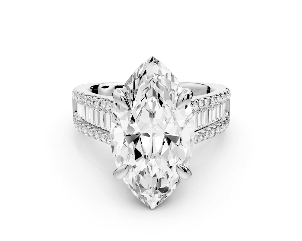 Estelle - 5ct 14k white gold marquise diamond with emerald and round cut accent stones half band cathedral engagement ring - Mr. Alex Jewelry