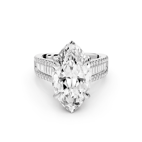 Estelle - 5ct 14k white gold marquise diamond with emerald and round cut accent stones half band cathedral engagement ring - Mr. Alex Jewelry