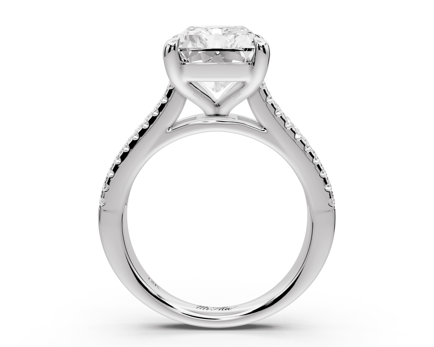 Estelle - 5ct 14k white gold radiant diamond with emerald and round cut accent stones half band cathedral engagement ring - Mr. Alex Jewelry