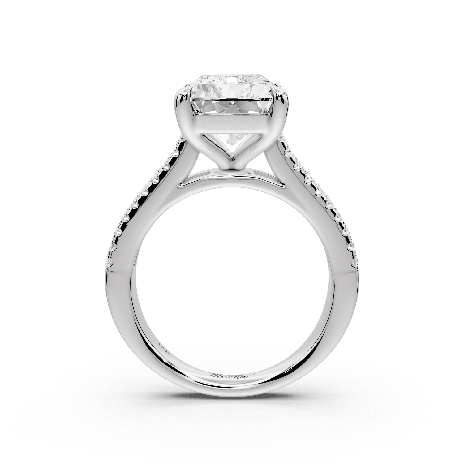 Estelle - 5ct 14k white gold radiant diamond with emerald and round cut accent stones half band cathedral engagement ring - Mr. Alex Jewelry