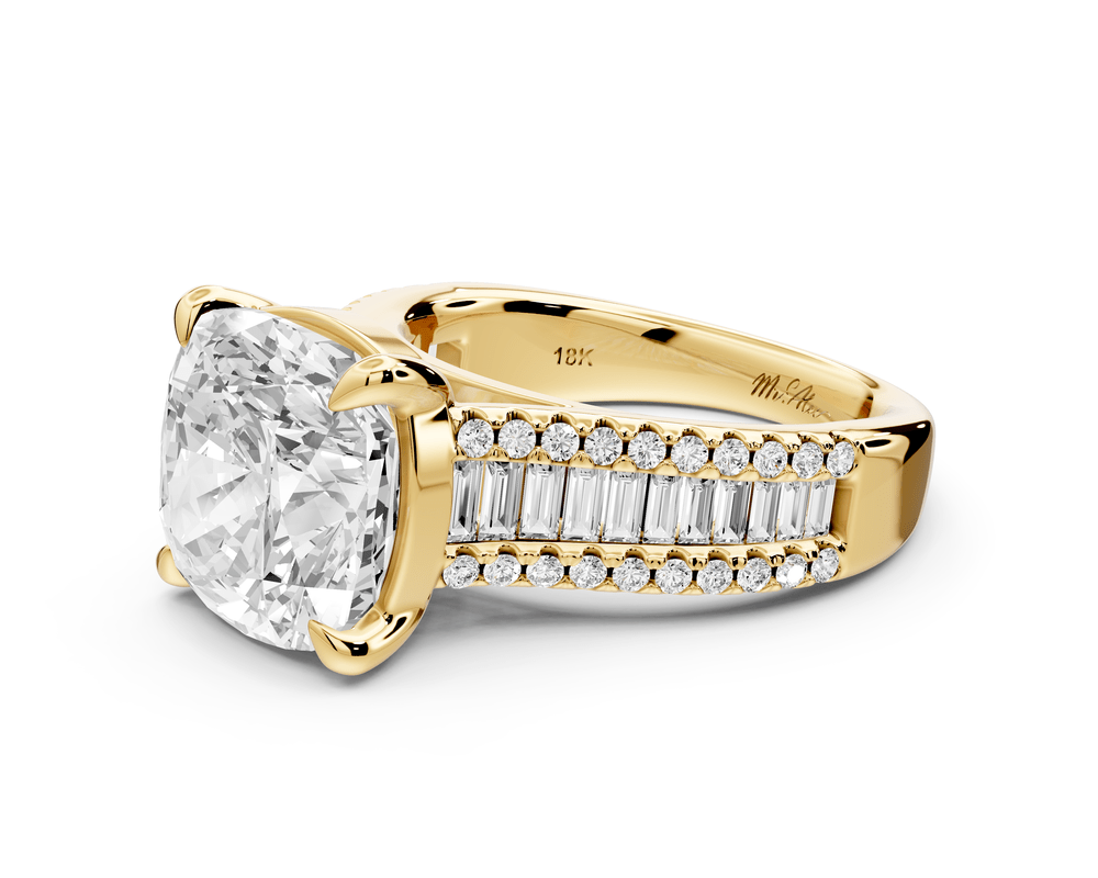 Estelle - 5ct 14k yellow gold cushion diamond with emerald and round cut accent stones half band cathedral engagement ring - Mr. Alex Jewelry