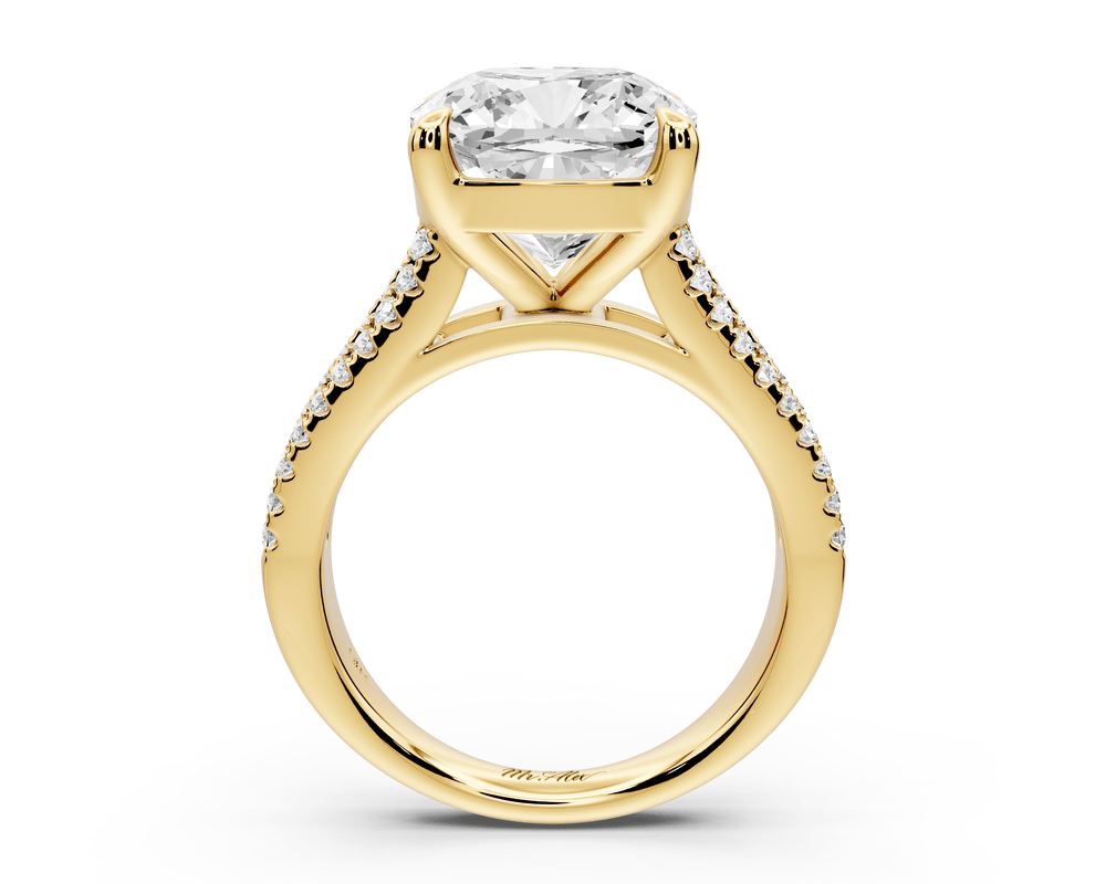 Estelle - 5ct 14k yellow gold cushion diamond with emerald and round cut accent stones half band cathedral engagement ring - Mr. Alex Jewelry