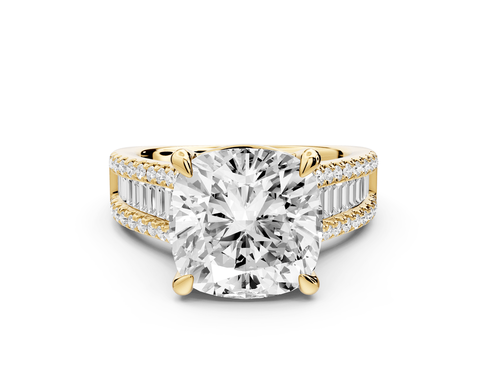 Estelle - 5ct 14k yellow gold cushion diamond with emerald and round cut accent stones half band cathedral engagement ring - Mr. Alex Jewelry