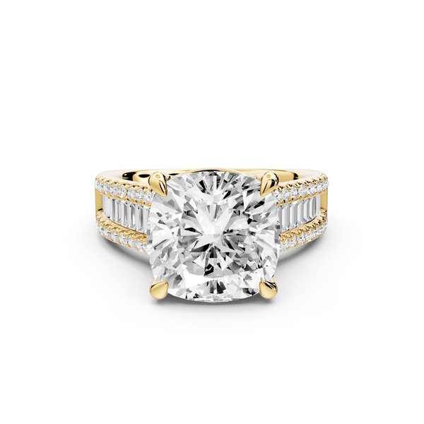Estelle - 5ct 14k yellow gold cushion diamond with emerald and round cut accent stones half band cathedral engagement ring - Mr. Alex Jewelry