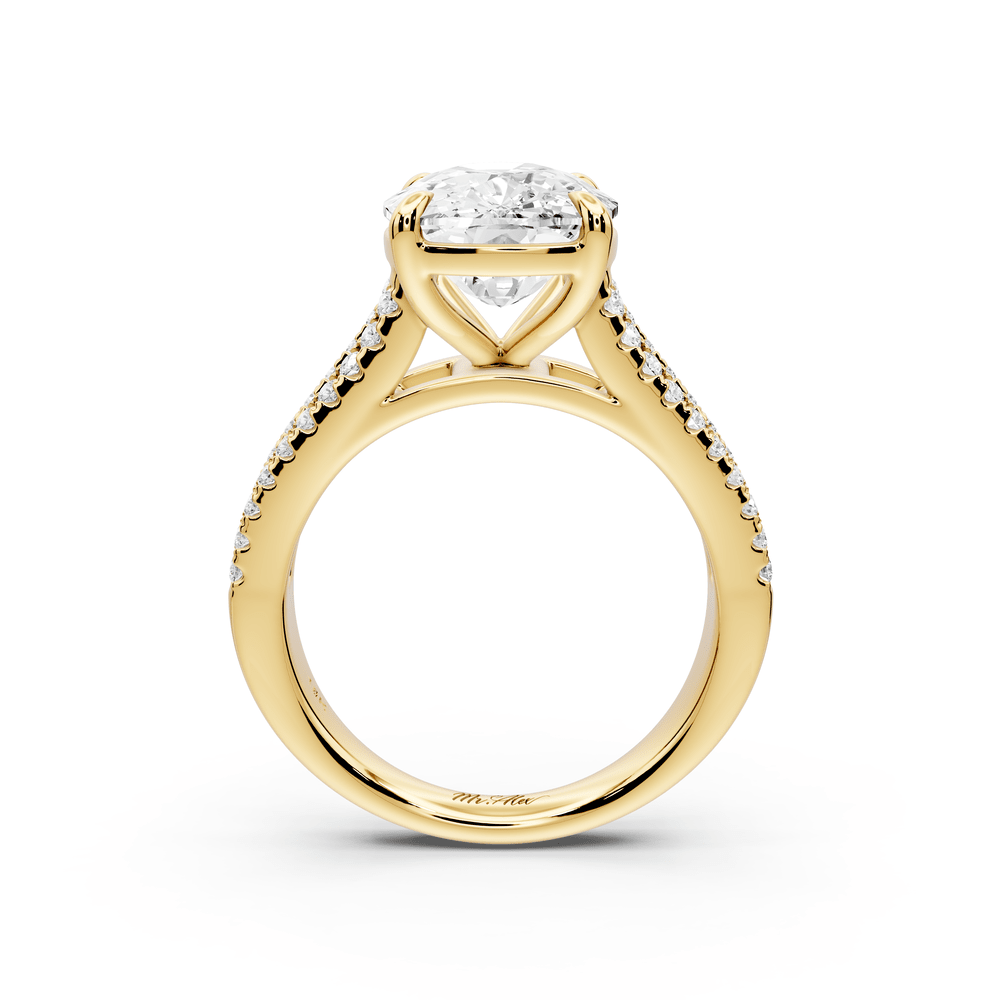 Estelle - 5ct 14k yellow gold ecushion diamond with emerald and round cut accent stones half band cathedral engagement ring - Mr. Alex Jewelry
