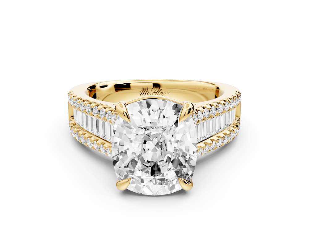 Estelle - 5ct 14k yellow gold ecushion diamond with emerald and round cut accent stones half band cathedral engagement ring - Mr. Alex Jewelry