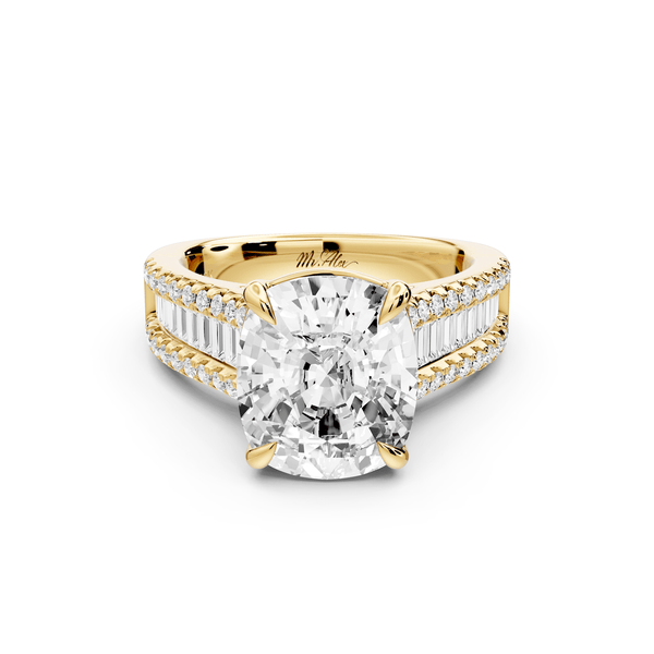 Estelle - 5ct 14k yellow gold ecushion diamond with emerald and round cut accent stones half band cathedral engagement ring - Mr. Alex Jewelry
