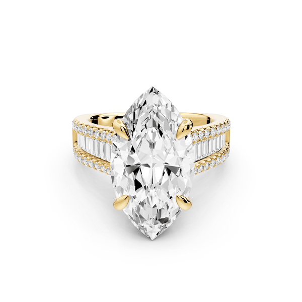 Estelle - 5ct 14k yellow gold marquise diamond with emerald and round cut accent stones half band cathedral engagement ring - Mr. Alex Jewelry