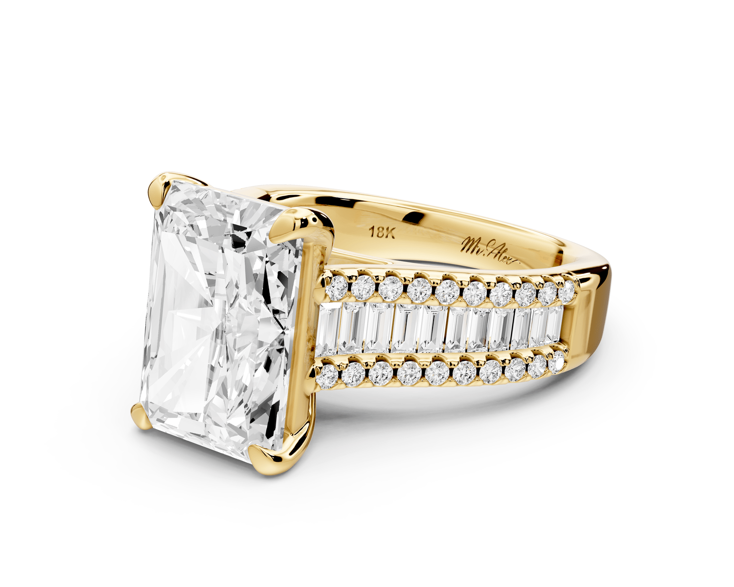 Estelle - 5ct 14k yellow gold radiant diamond with emerald and round cut accent stones half band cathedral engagement ring - Mr. Alex Jewelry