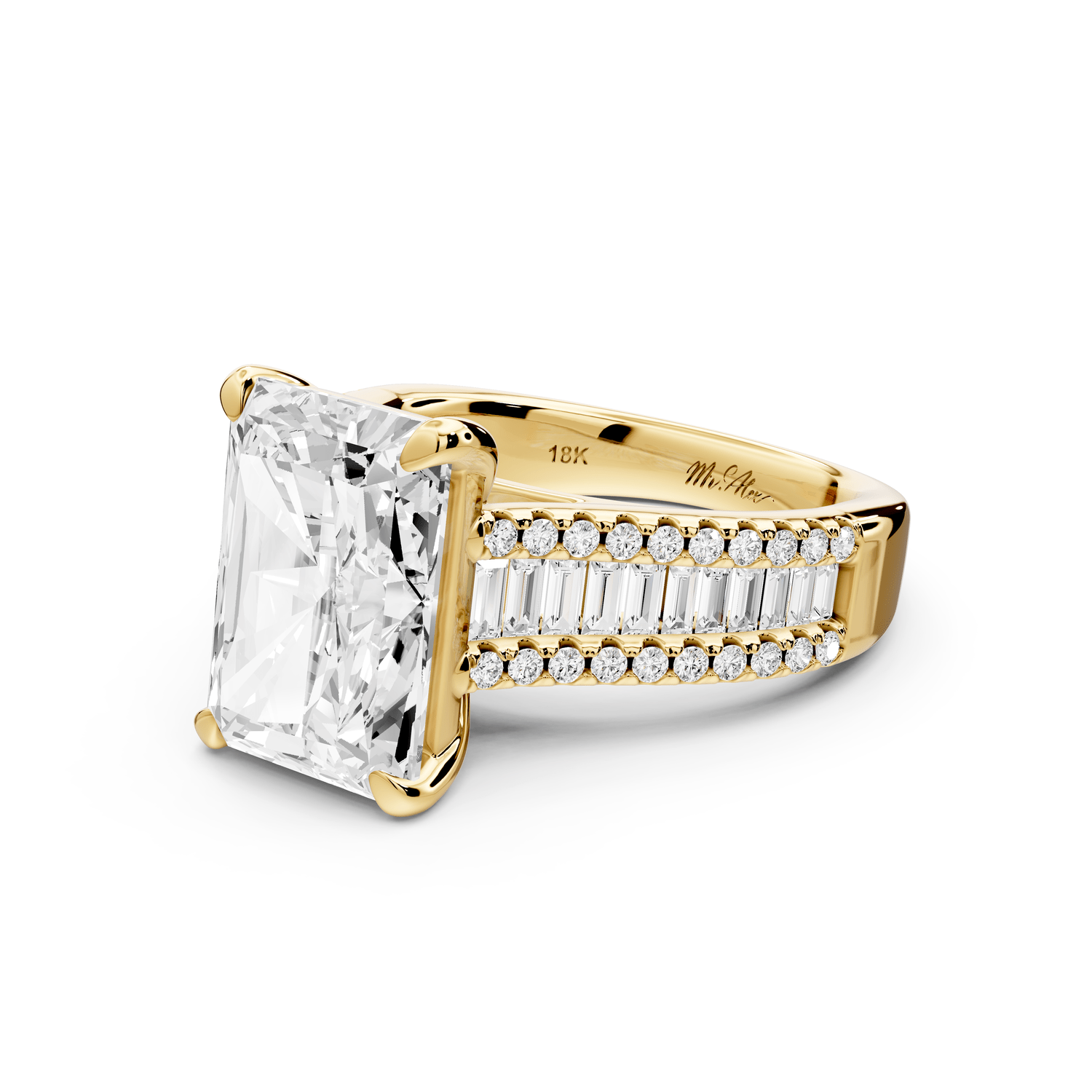 Estelle - 5ct 14k yellow gold radiant diamond with emerald and round cut accent stones half band cathedral engagement ring - Mr. Alex Jewelry