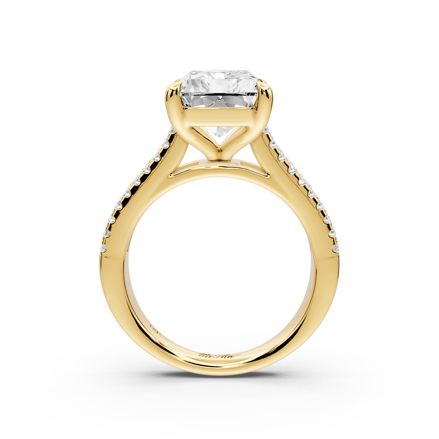 Estelle - 5ct 14k yellow gold radiant diamond with emerald and round cut accent stones half band cathedral engagement ring - Mr. Alex Jewelry
