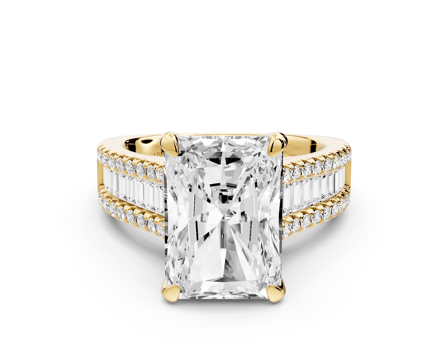 Estelle - 5ct 14k yellow gold radiant diamond with emerald and round cut accent stones half band cathedral engagement ring - Mr. Alex Jewelry