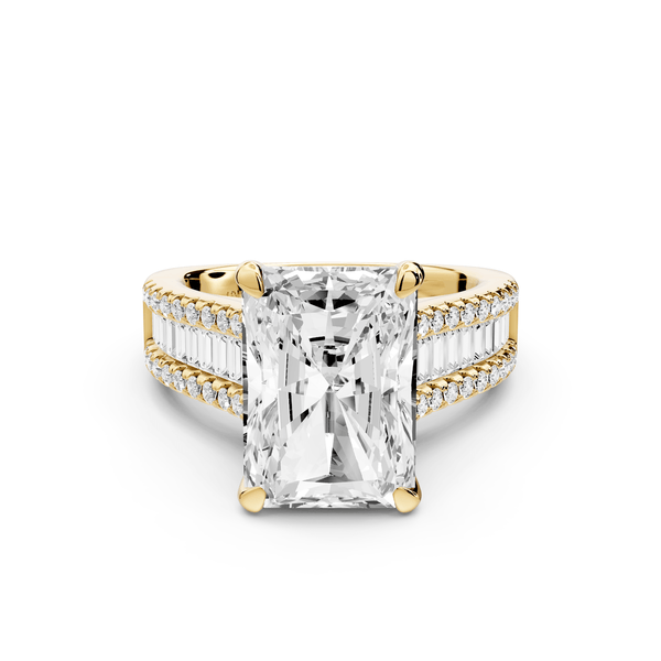 Estelle - 5ct 14k yellow gold radiant diamond with emerald and round cut accent stones half band cathedral engagement ring - Mr. Alex Jewelry