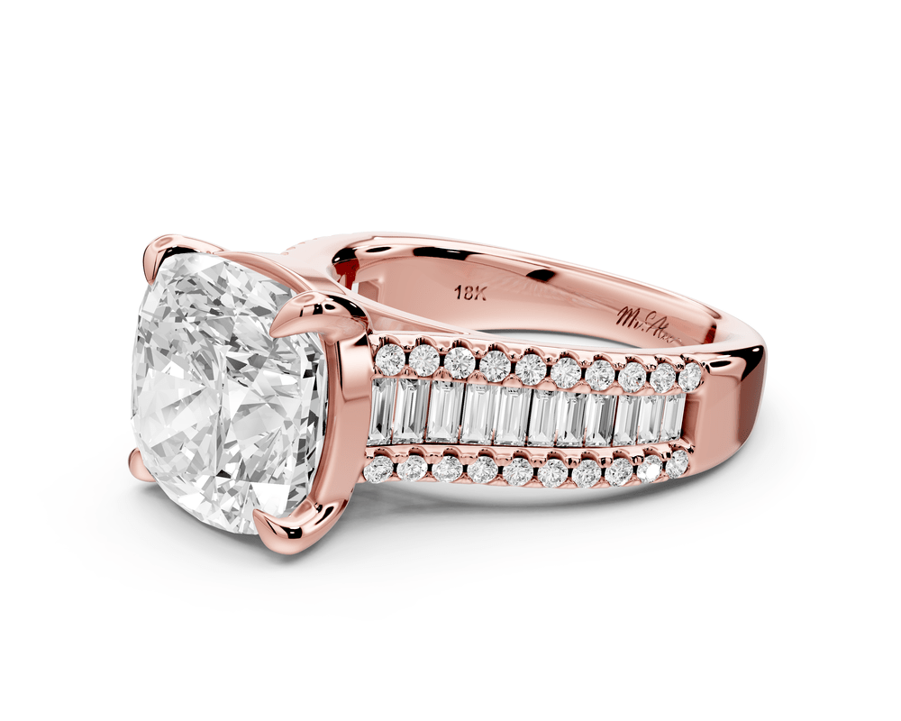 Estelle - 5ct 18k rose gold cushion diamond with emerald and round cut accent stones half band cathedral engagement ring - Mr. Alex Jewelry