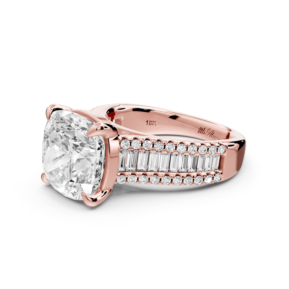 Estelle - 5ct 18k rose gold cushion diamond with emerald and round cut accent stones half band cathedral engagement ring - Mr. Alex Jewelry
