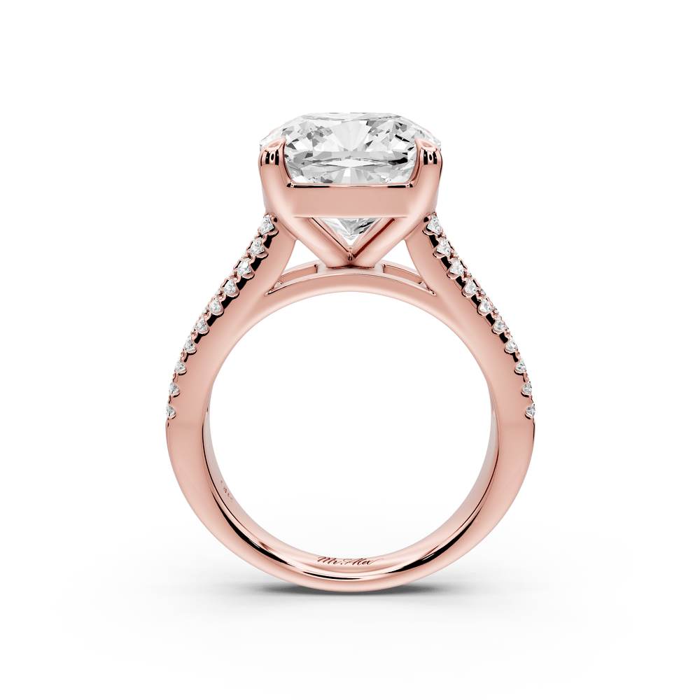 Estelle - 5ct 18k rose gold cushion diamond with emerald and round cut accent stones half band cathedral engagement ring - Mr. Alex Jewelry