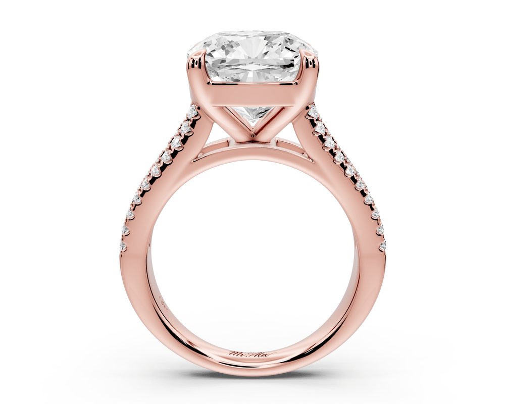 Estelle - 5ct 18k rose gold cushion diamond with emerald and round cut accent stones half band cathedral engagement ring - Mr. Alex Jewelry