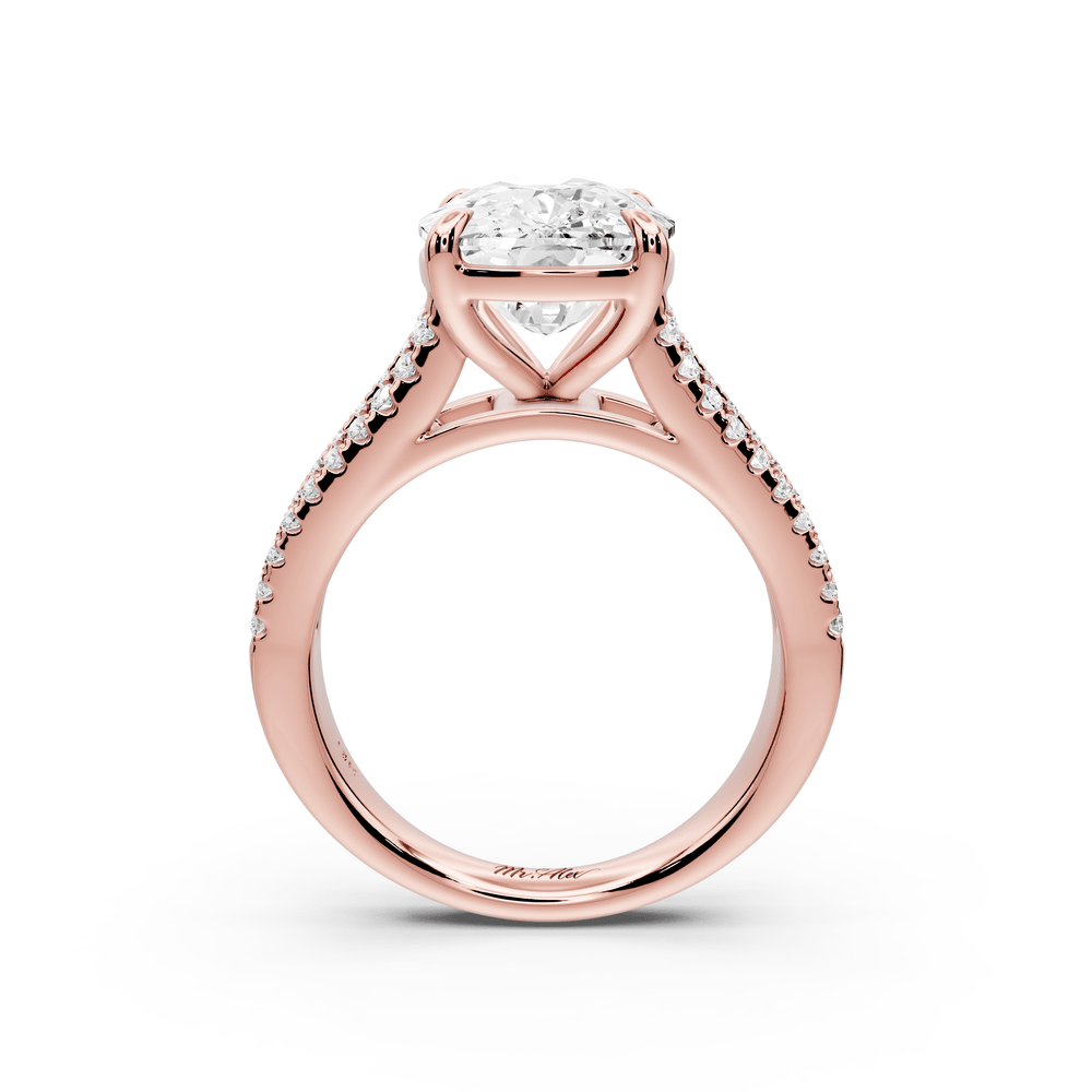 Estelle - 5ct 18k rose gold ecushion diamond with emerald and round cut accent stones half band cathedral engagement ring - Mr. Alex Jewelry