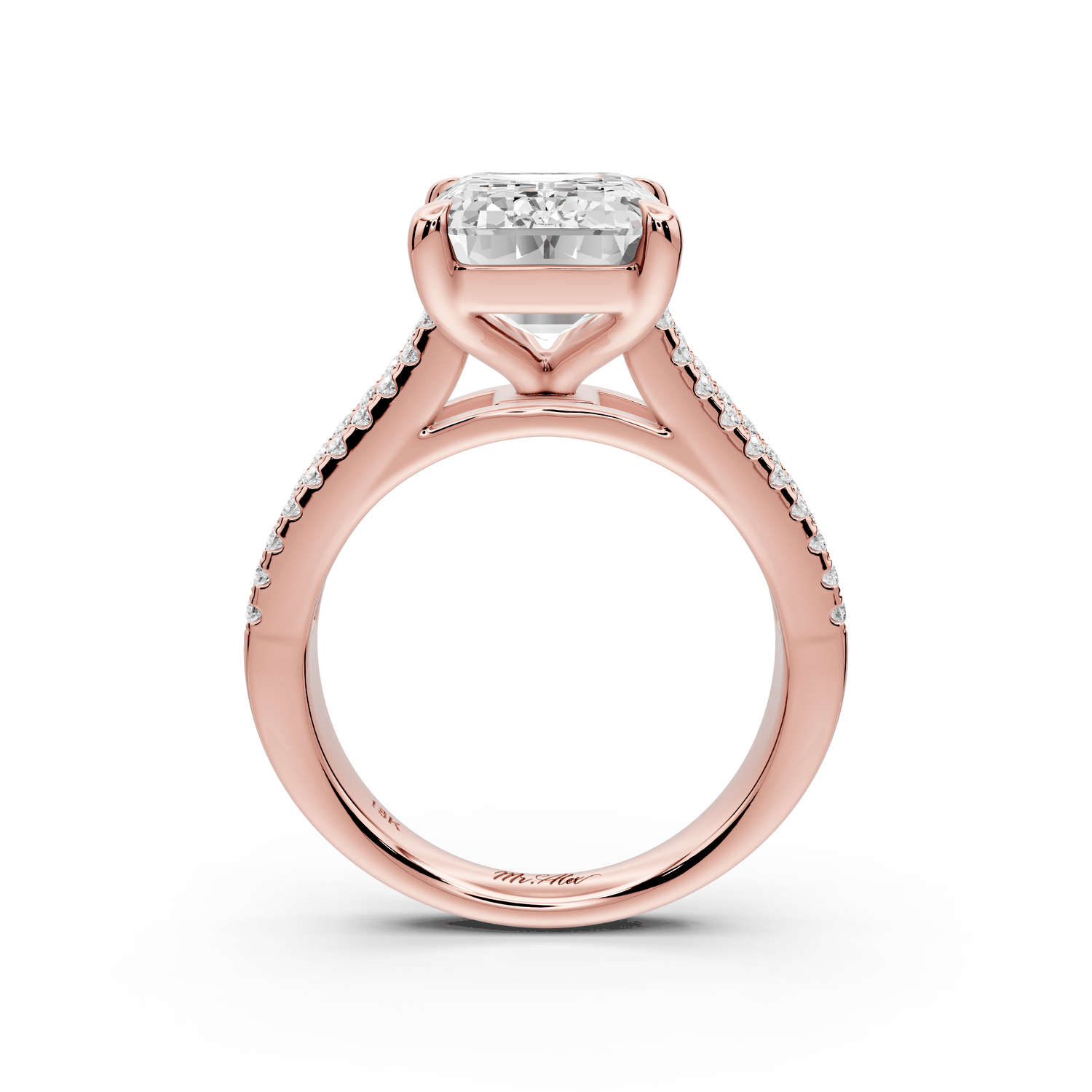 Estelle - 5ct 18k rose gold emerald diamond with emerald and round cut accent stones half band cathedral engagamengt ring - Mr. Alex Jewelry
