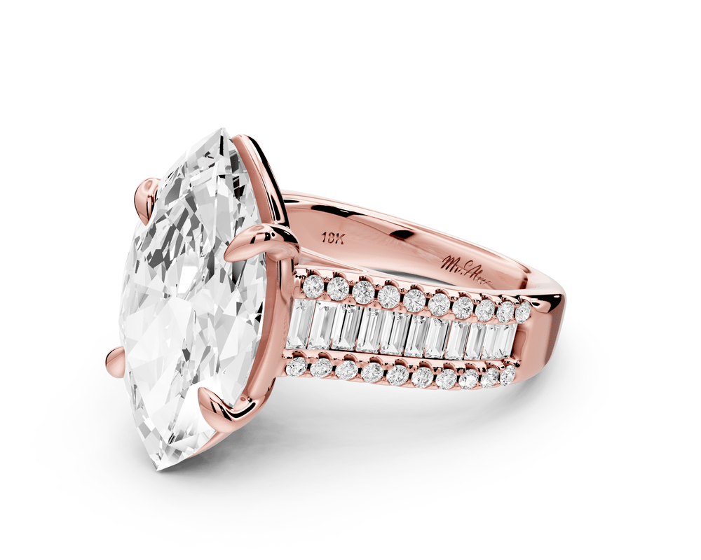 Estelle - 5ct 18k rose gold marquise diamond with emerald and round cut accent stones half band cathedral engagement ring - Mr. Alex Jewelry