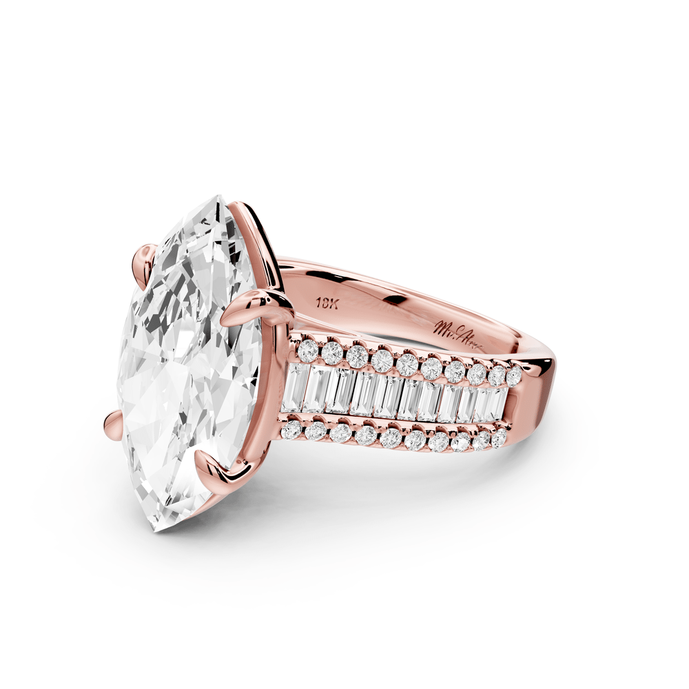 Estelle - 5ct 18k rose gold marquise diamond with emerald and round cut accent stones half band cathedral engagement ring - Mr. Alex Jewelry