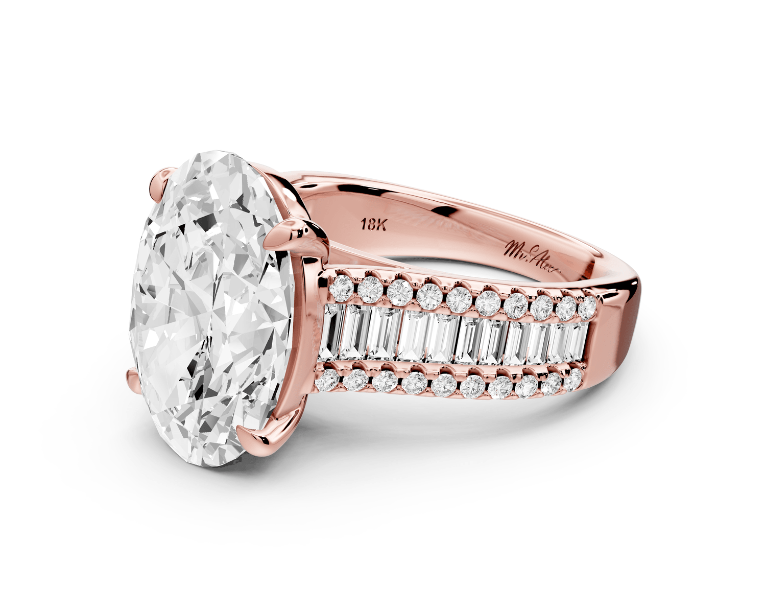 Estelle - 5ct 18k rose gold oval diamond with emerald and round cut accent stones half band cathedral engagamengt ring - Mr. Alex Jewelry