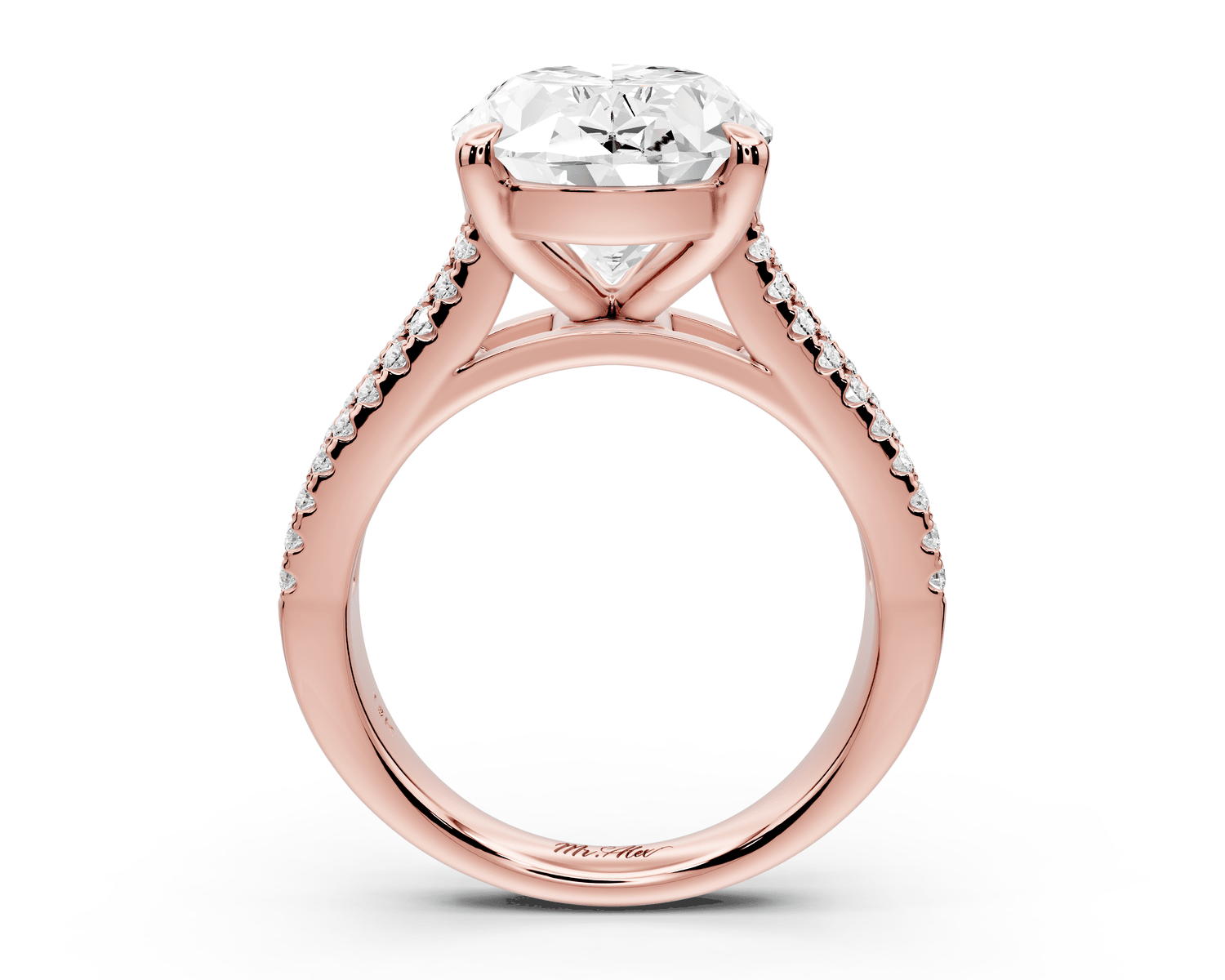 Estelle - 5ct 18k rose gold oval diamond with emerald and round cut accent stones half band cathedral engagamengt ring - Mr. Alex Jewelry