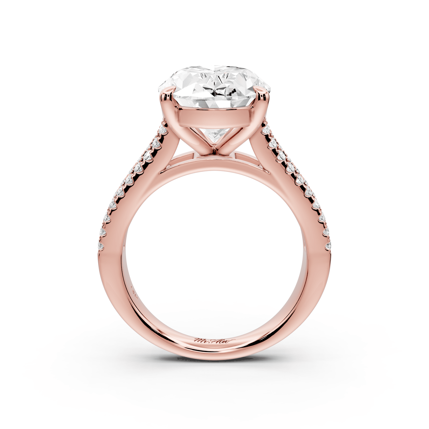 Estelle - 5ct 18k rose gold oval diamond with emerald and round cut accent stones half band cathedral engagamengt ring - Mr. Alex Jewelry