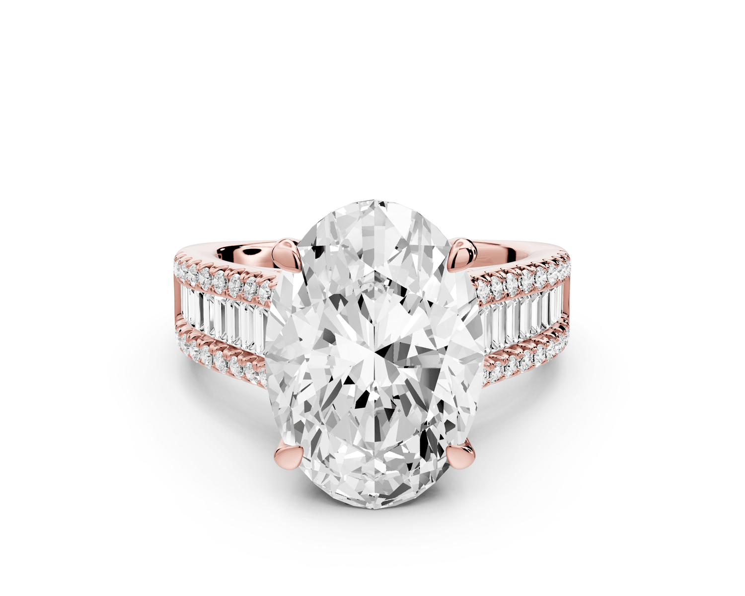 Estelle - 5ct 18k rose gold oval diamond with emerald and round cut accent stones half band cathedral engagamengt ring - Mr. Alex Jewelry