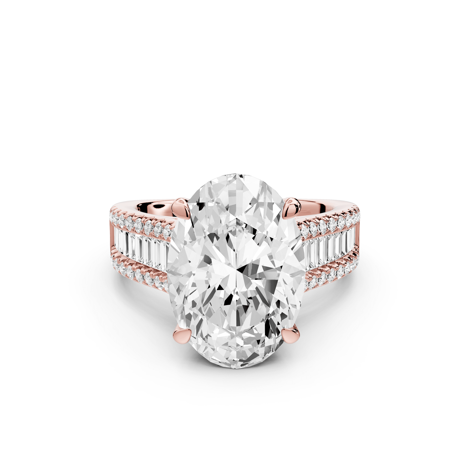 Estelle - 5ct 18k rose gold oval diamond with emerald and round cut accent stones half band cathedral engagamengt ring - Mr. Alex Jewelry