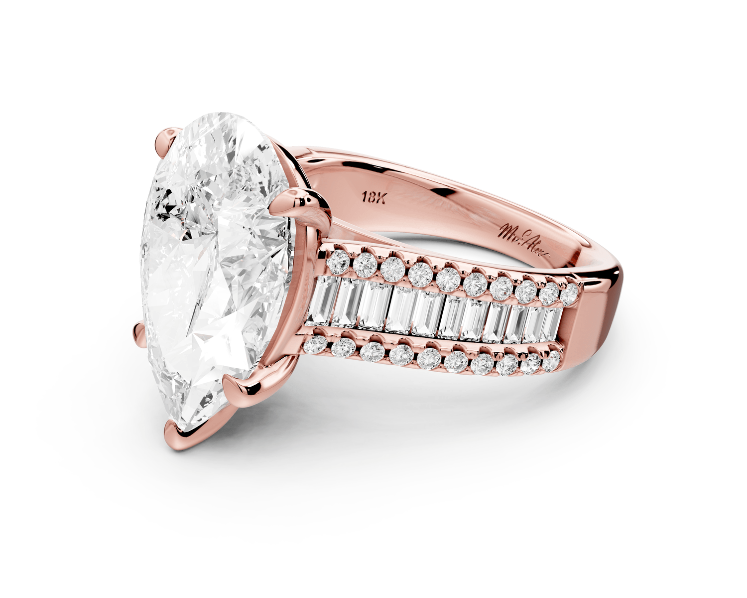Estelle - 5ct 18k rose gold pear diamond with emerald and round cut accent stones half band cathedral engagamengt ring - Mr. Alex Jewelry