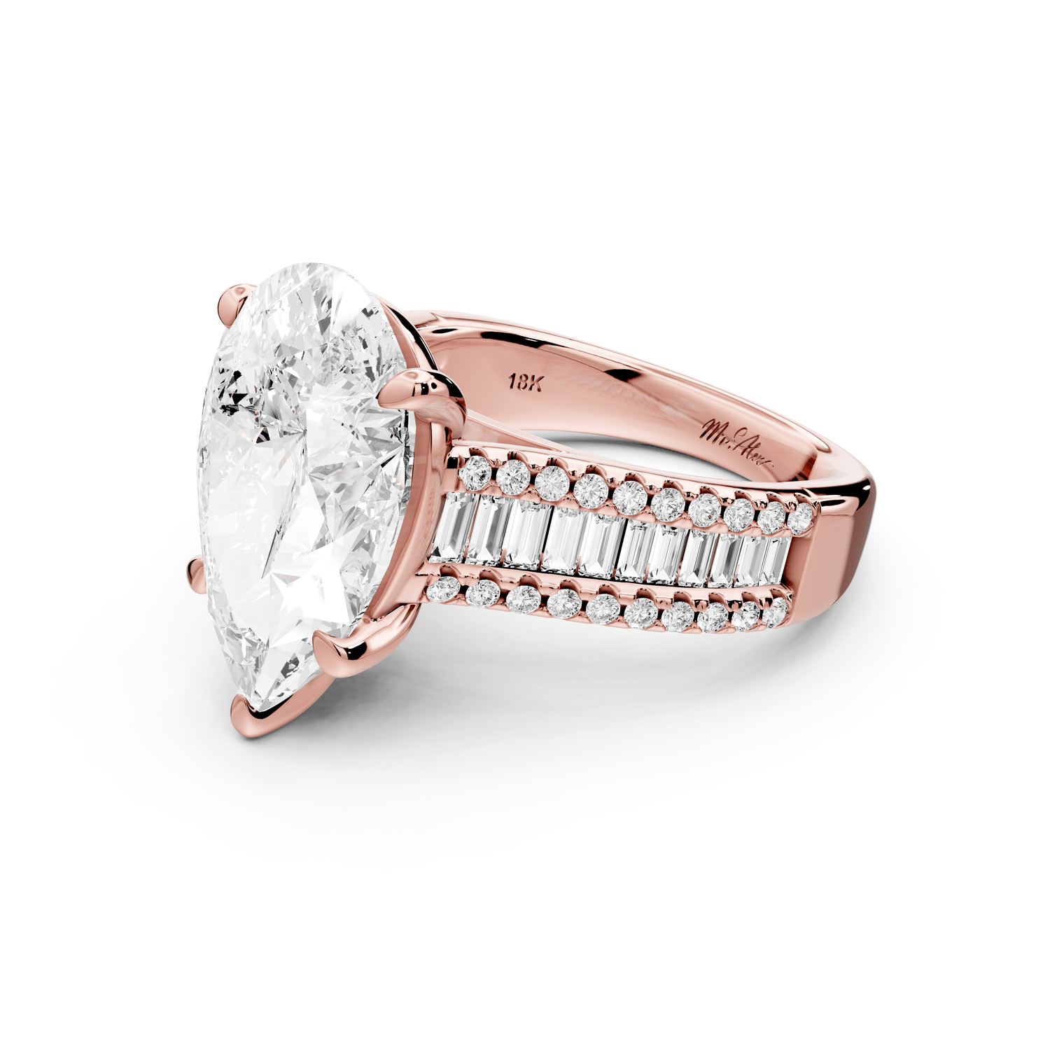 Estelle - 5ct 18k rose gold pear diamond with emerald and round cut accent stones half band cathedral engagamengt ring - Mr. Alex Jewelry