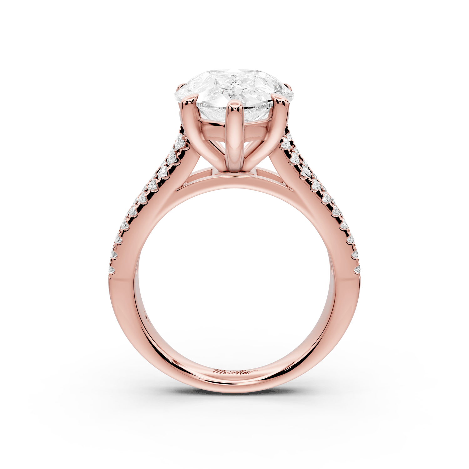 Estelle - 5ct 18k rose gold pear diamond with emerald and round cut accent stones half band cathedral engagamengt ring - Mr. Alex Jewelry