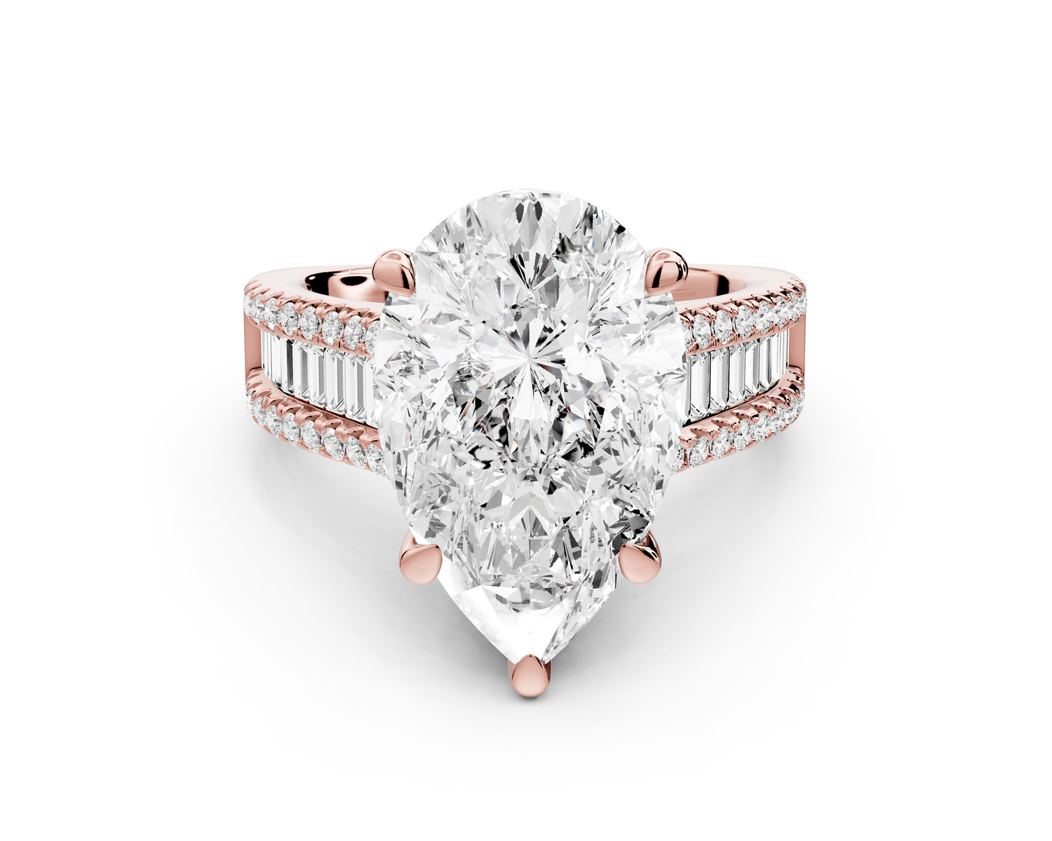 Estelle - 5ct 18k rose gold pear diamond with emerald and round cut accent stones half band cathedral engagamengt ring - Mr. Alex Jewelry